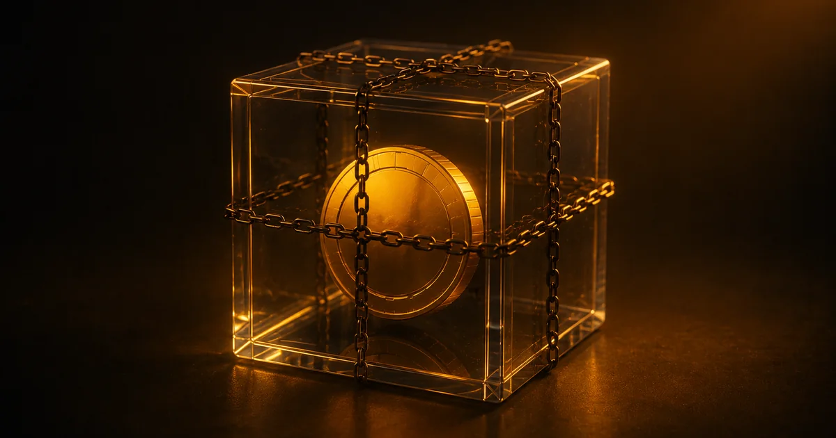 A glowing amber coin sealed inside a glass cube wrapped in chains, evoking BC.Game’s locked bonus credit