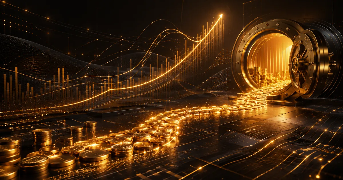 A river of gold coins flowing from an open vault past a rising chart, evoking cashback