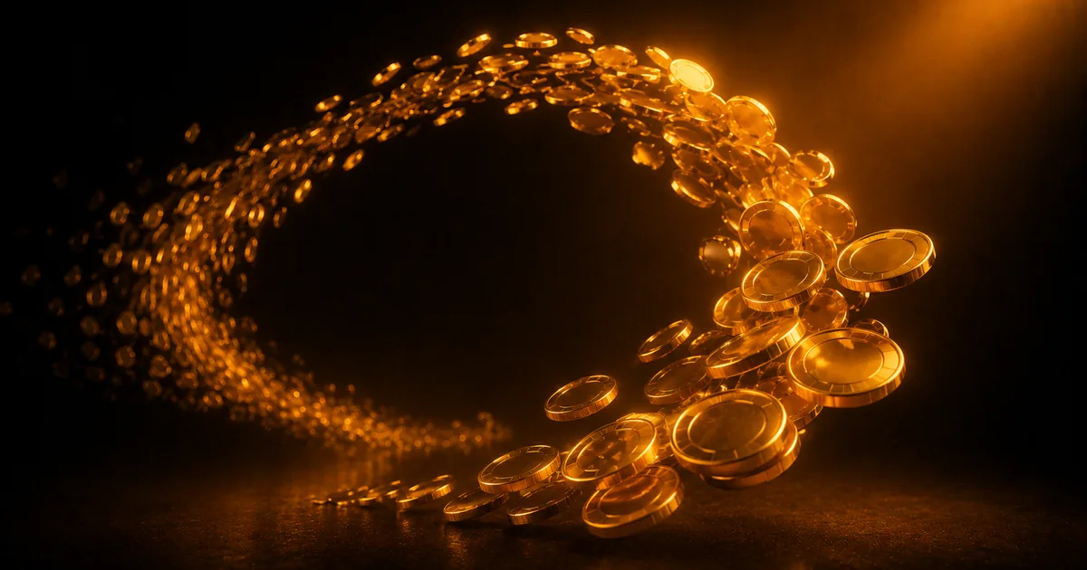 A flowing stream of amber coins curving back in a loop, evoking Gamdom’s instant rakeback