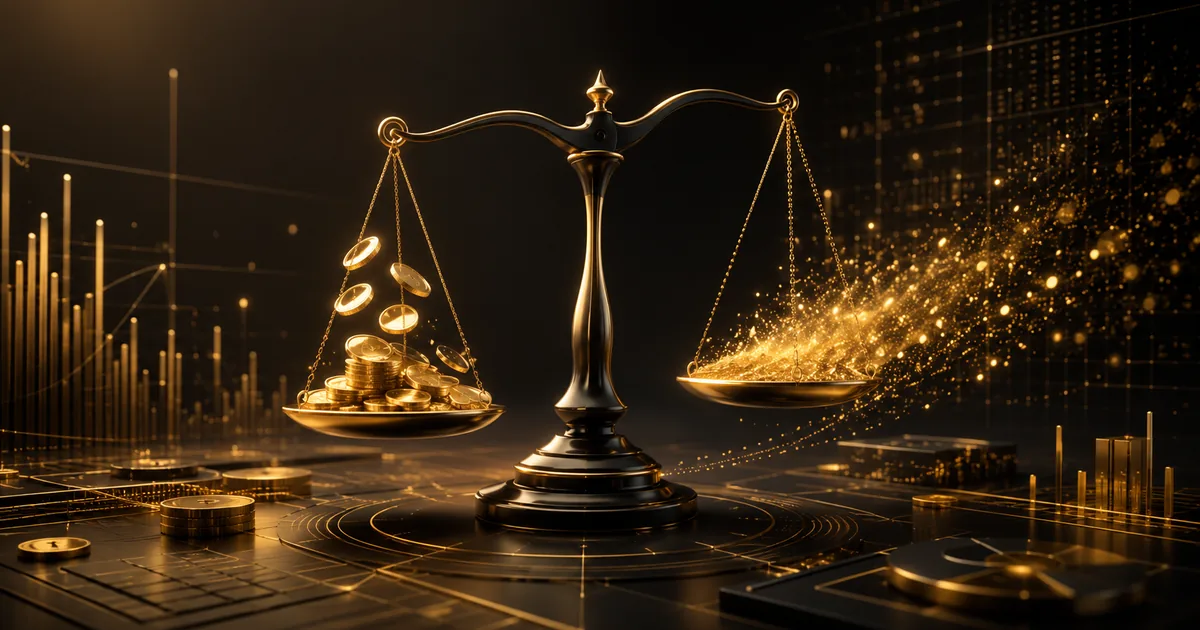 A golden balance scale with flowing coins, weighing a casino bonus's real value