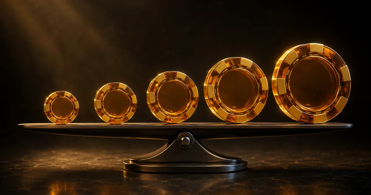 Row of glossy amber casino chips of ascending sizes on a balance scale, comparing bonus value across crypto casinos