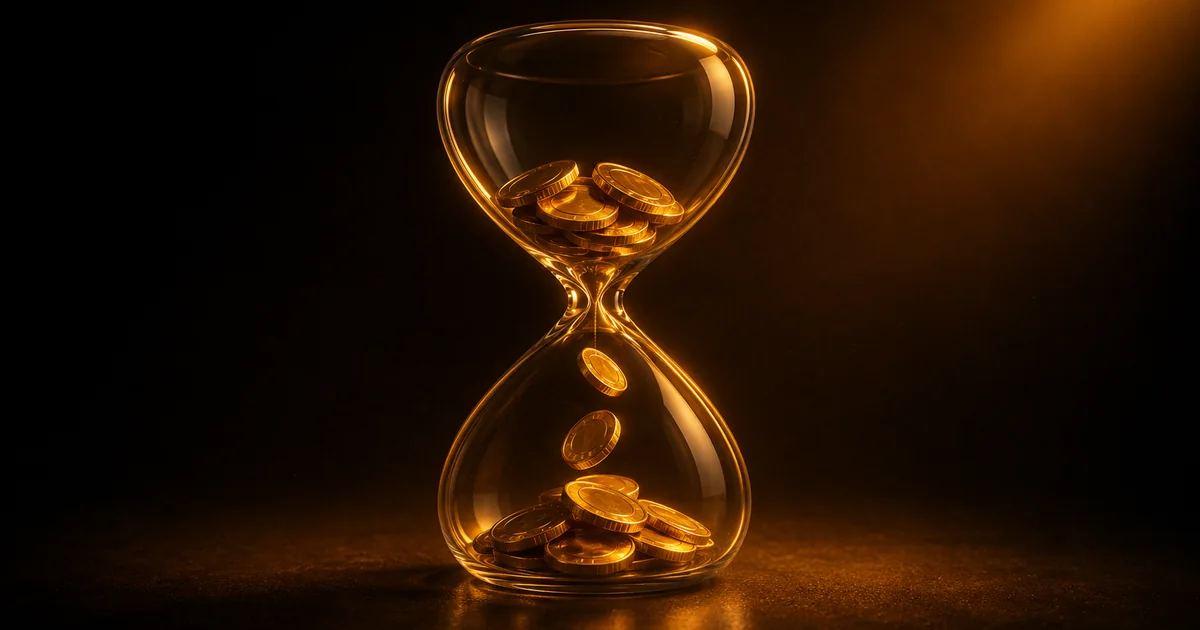 Amber coins trickling through a glass hourglass, evoking Roobet’s delayed loss-back vault